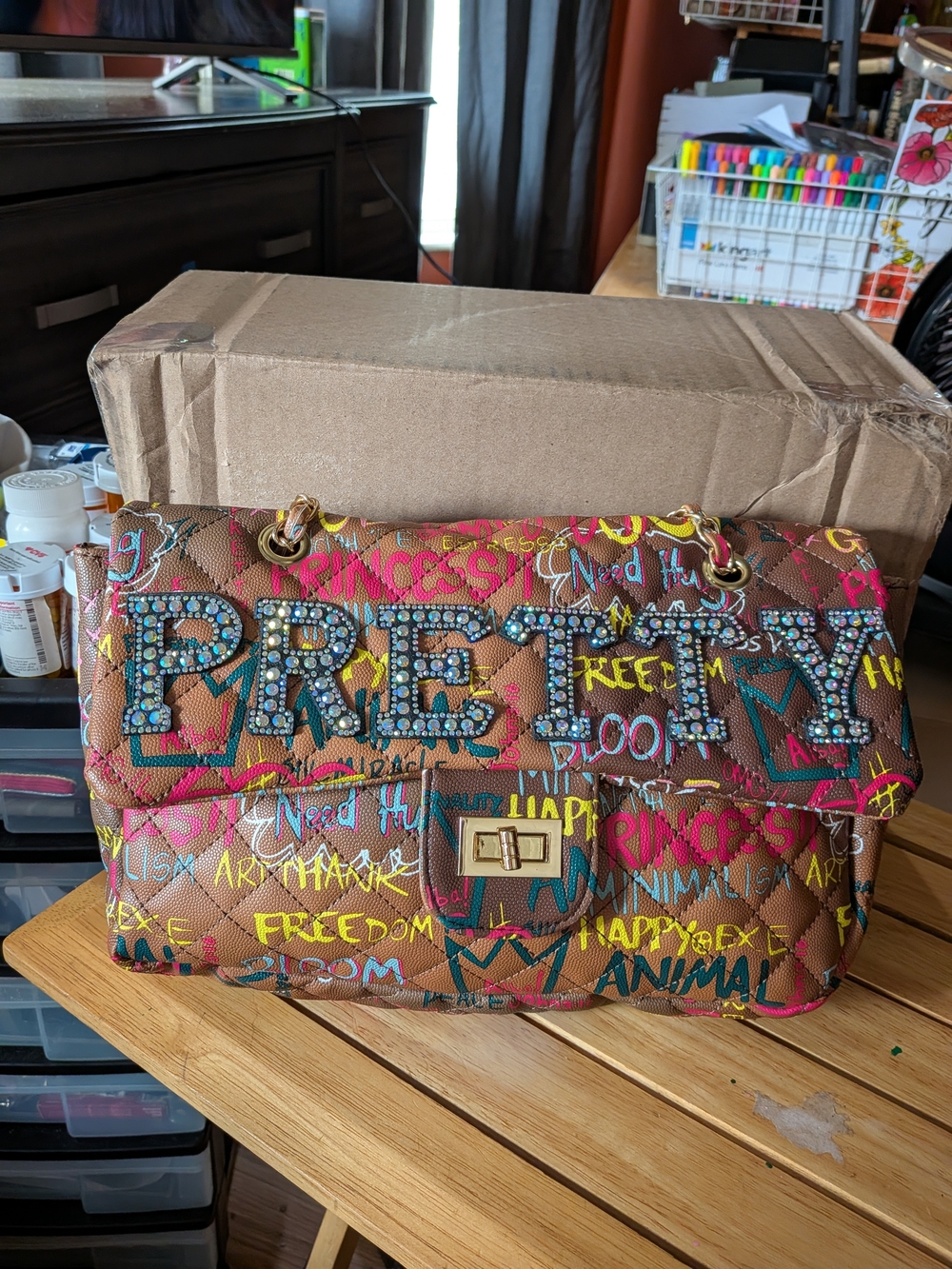 Alba Graffiti Quilted Brown Crossbody Bag with Studded 'PRETTY' Accent Vegan